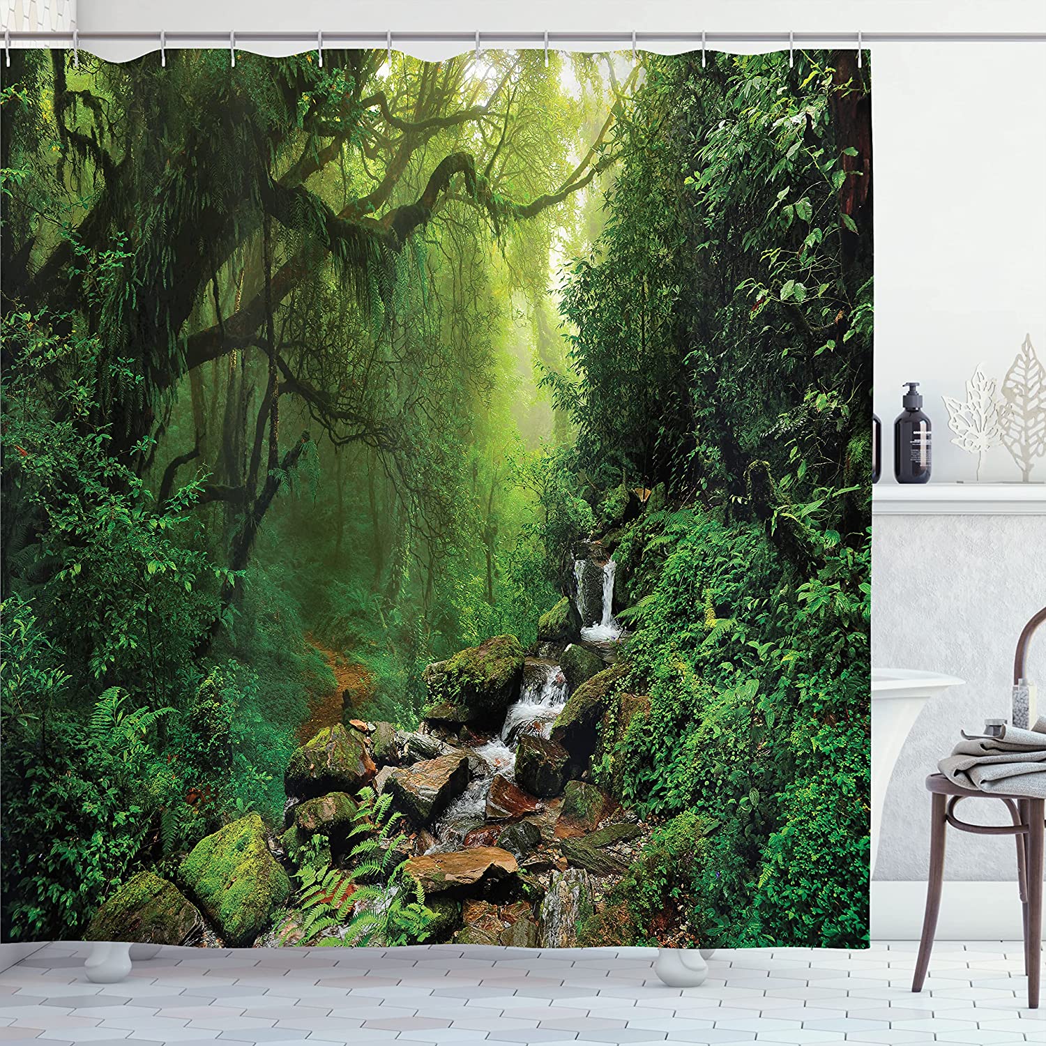 Tropical Rainforest Shower Curtain, Palm Trees And Plants With Wild Nature Theme Illustration