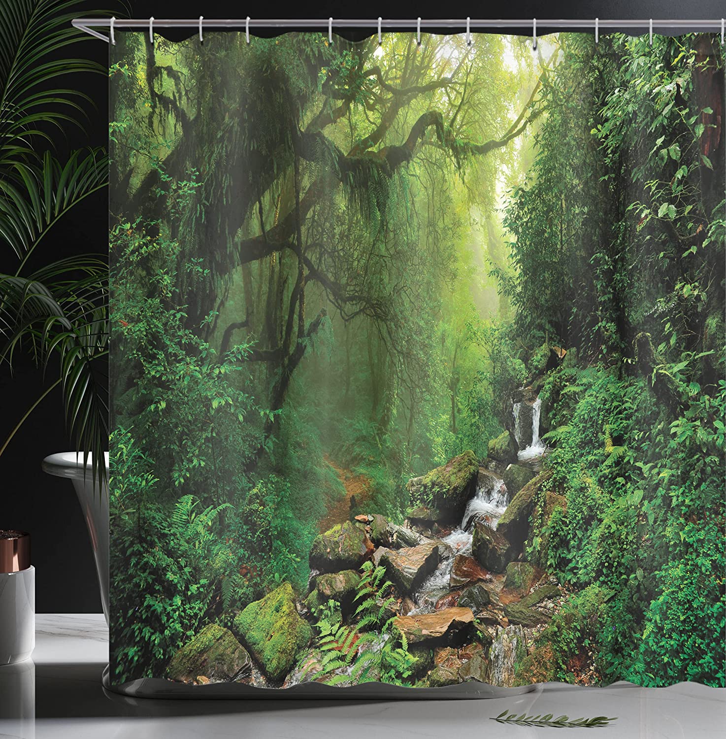 Tropical Rainforest Shower Curtain, Palm Trees And Plants With Wild Nature Theme Illustration - Image 3