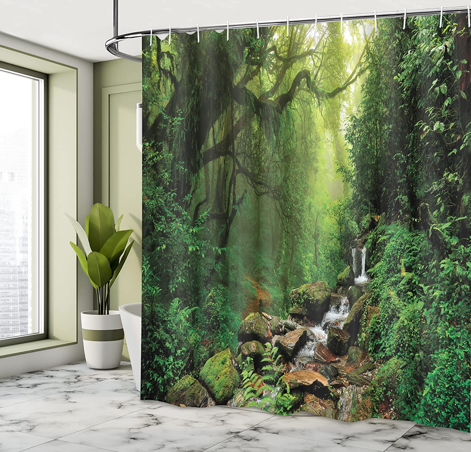 Tropical Rainforest Shower Curtain, Palm Trees And Plants With Wild Nature Theme Illustration - Image 4
