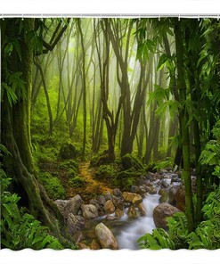 Tropical Rainforest Shower Curtain With Green Jungle Forest Stream Plants Design, Bathroom Decor