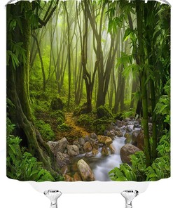 Tropical Rainforest Shower Curtain With Green Jungle Forest Stream Plants Design, Bathroom Decor