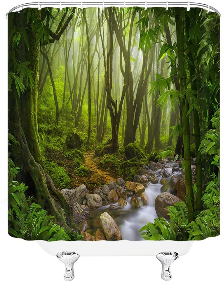 Tropical Rainforest Shower Curtain With Green Jungle Forest Stream Plants Design, Bathroom Decor