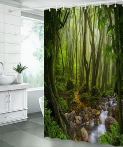 Tropical Rainforest Shower Curtain With Green Jungle Forest Stream Plants Design, Bathroom Decor