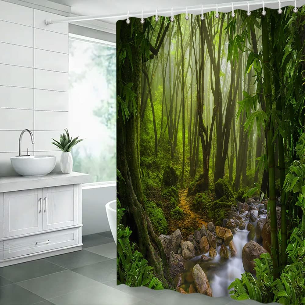 Tropical Rainforest Shower Curtain With Green Jungle Forest Stream Plants Design, Bathroom Decor