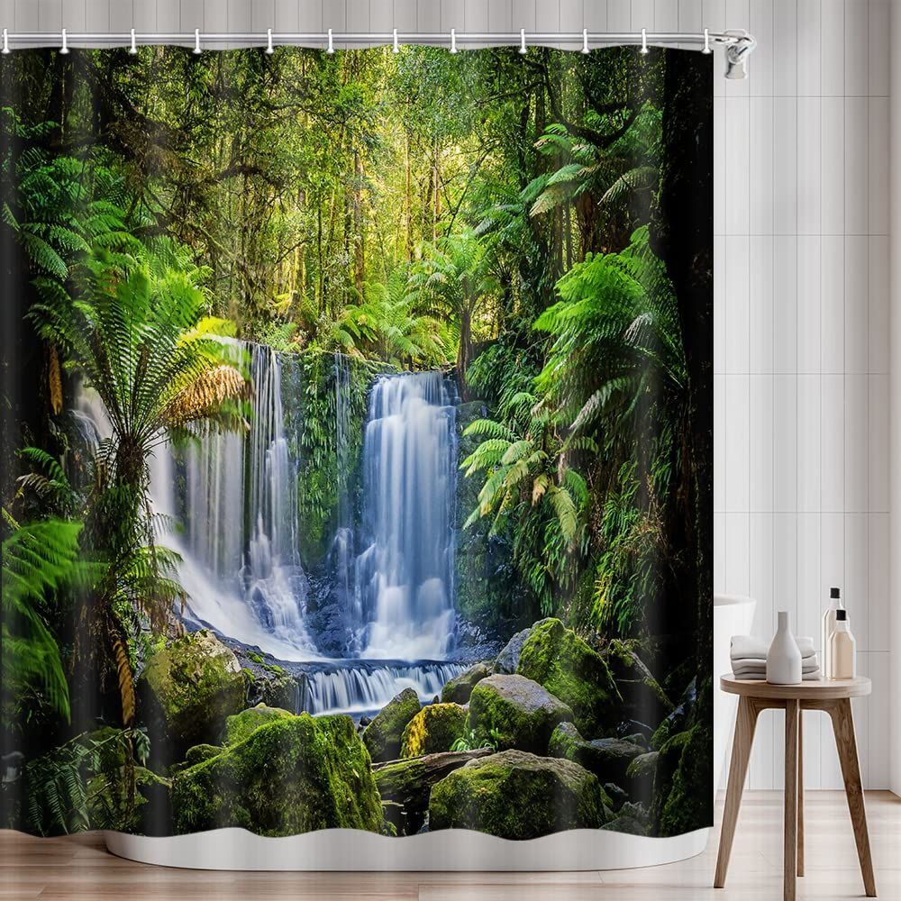 Tropical Rainforest Shower Curtain with Vibrant Waterfall Design for a Refreshing and Natural Bathroom