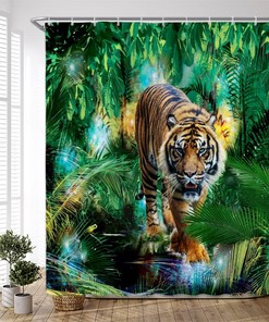 Tropical Rainforest Shower Curtain with Wild Animal and Big Cat Design for Nature Bathroom Decor