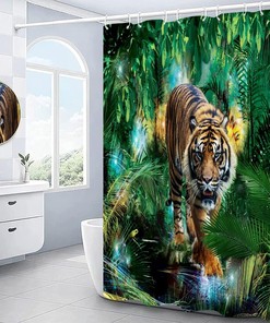 Tropical Rainforest Shower Curtain with Wild Animal and Big Cat Design for Nature Bathroom Decor