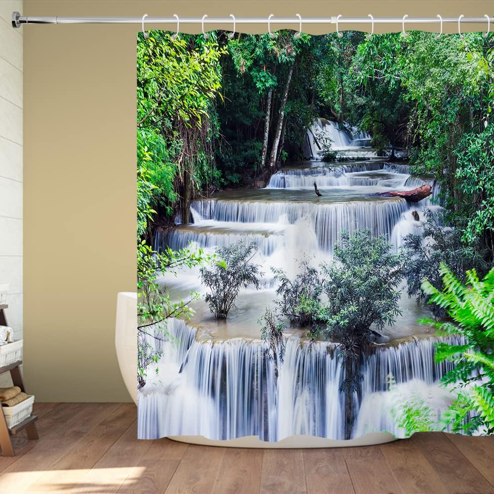 Tropical Rainforest Waterfall Shower Curtain with Jungle Falls Landscape for Vibrant Bathroom Dcor