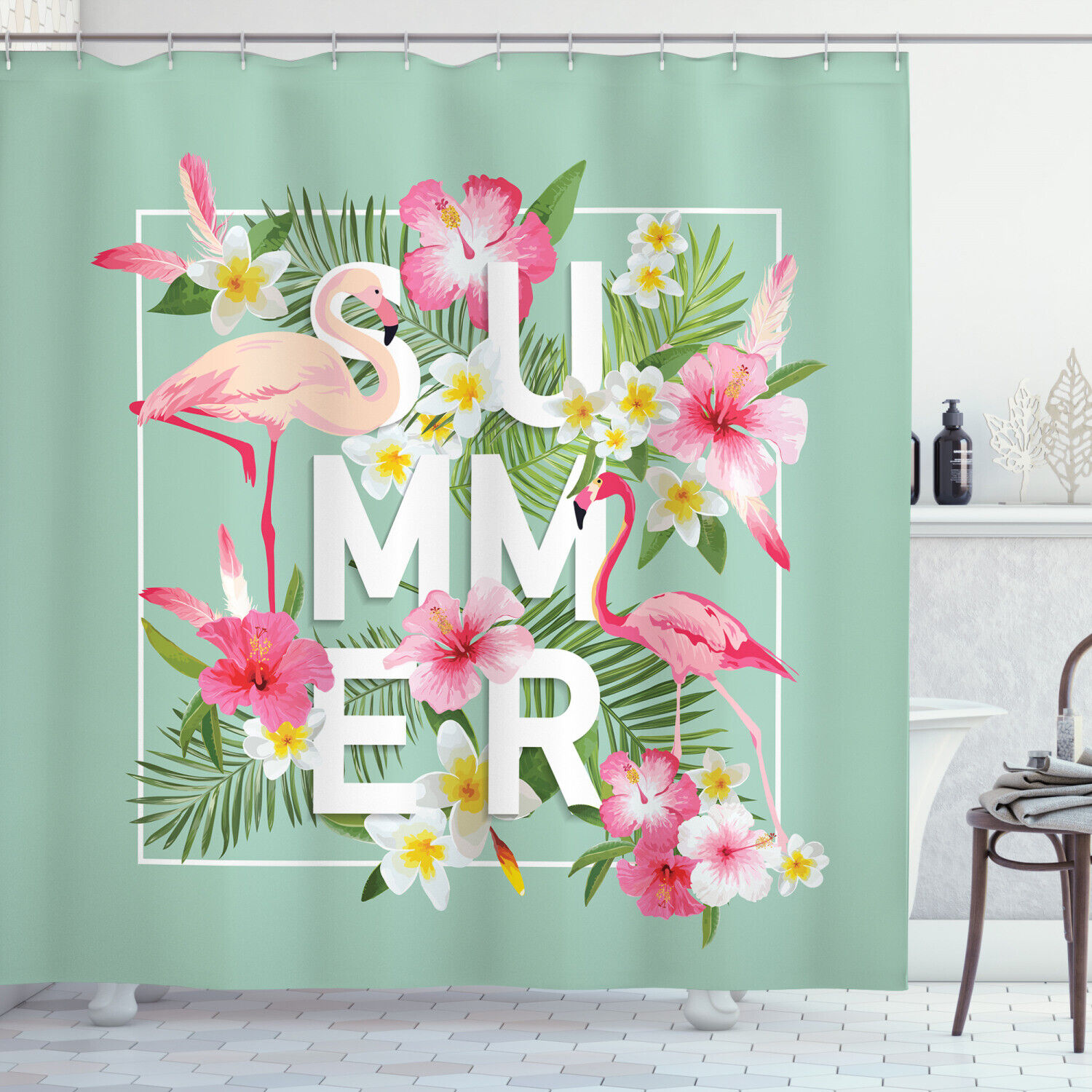 Tropical Retro Flowers Print Shower Curtain For A Beachy Bathroom