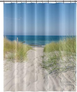 Tropical Sea Beach Shower Curtain with Ocean Sand Dunes and Wild Grasses Green Plants for Natural Bathroom Design