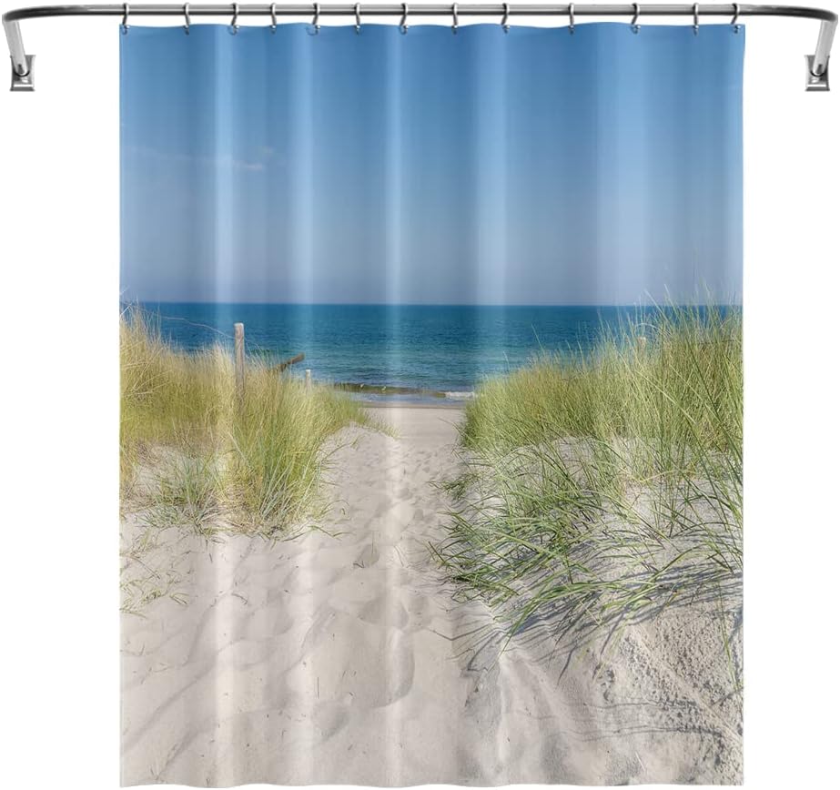 Tropical Sea Beach Shower Curtain with Ocean Sand Dunes and Wild Grasses Green Plants for Natural Bathroom Design