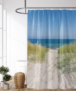 Tropical Sea Beach Shower Curtain with Ocean Sand Dunes and Wild Grasses Green Plants for Natural Bathroom Design