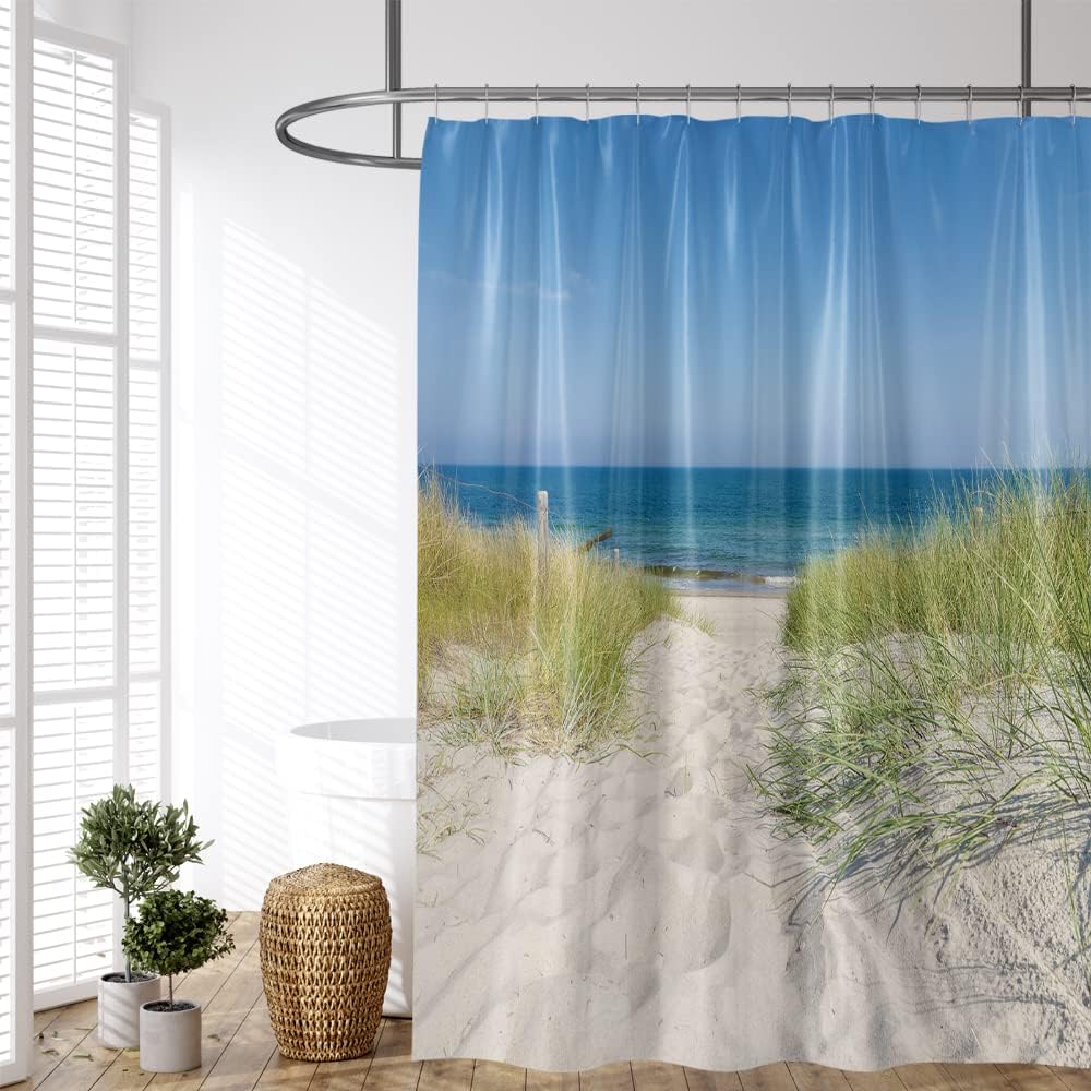 Tropical Sea Beach Shower Curtain with Ocean Sand Dunes and Wild Grasses Green Plants for Natural Bathroom Design