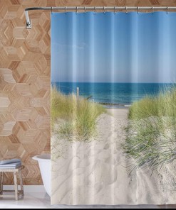 Tropical Sea Beach Shower Curtain with Ocean Sand Dunes and Wild Grasses Green Plants for Natural Bathroom Design