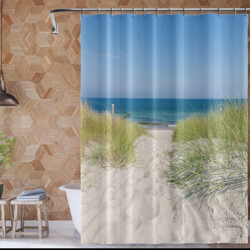 Tropical Sea Beach Shower Curtain with Ocean Sand Dunes and Wild Grasses Green Plants for Natural Bathroom Design