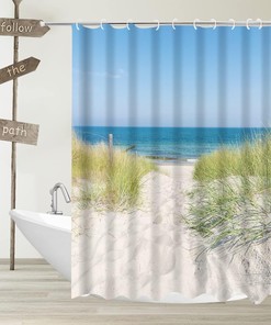 Tropical Sea Beach Shower Curtain with Ocean Sand Dunes and Wild Grasses Green Plants for Natural Bathroom Design