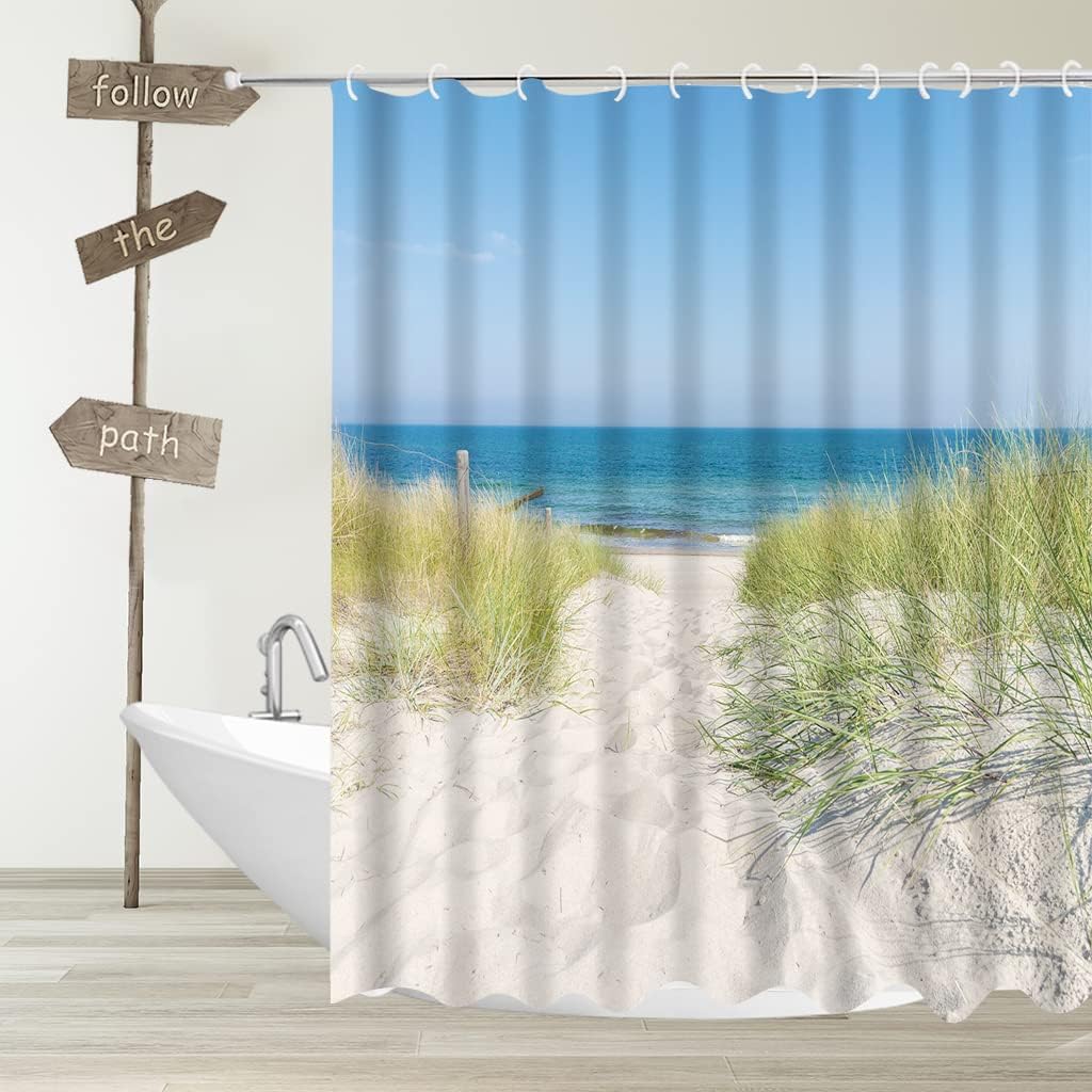 Tropical Sea Beach Shower Curtain with Ocean Sand Dunes and Wild Grasses Green Plants for Natural Bathroom Design