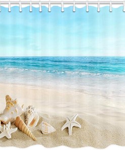 Tropical Sea Waves and Seashell Print Beach Theme Shower Curtain for Bathroom