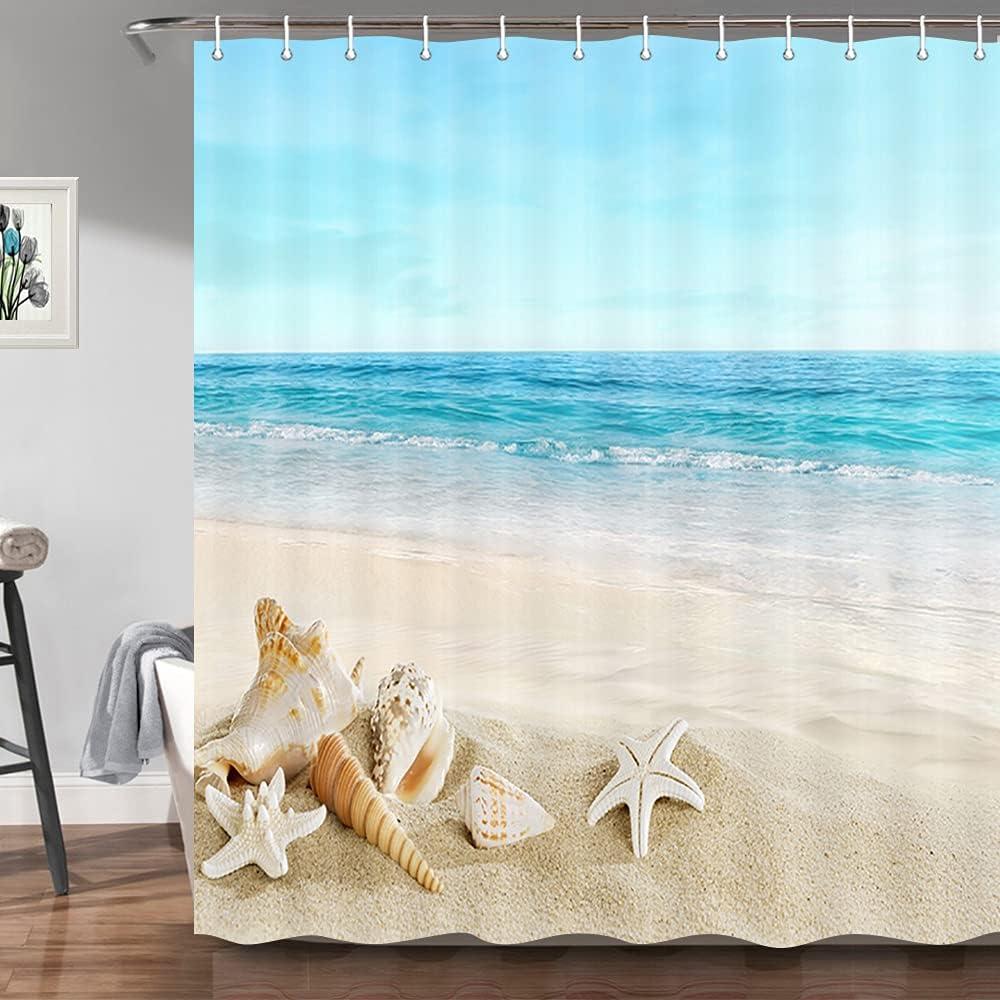 Tropical Sea Waves and Seashell Print Beach Theme Shower Curtain for Bathroom