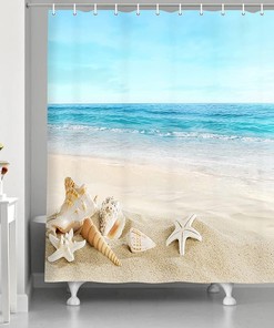 Tropical Sea Waves and Seashell Print Beach Theme Shower Curtain for Bathroom