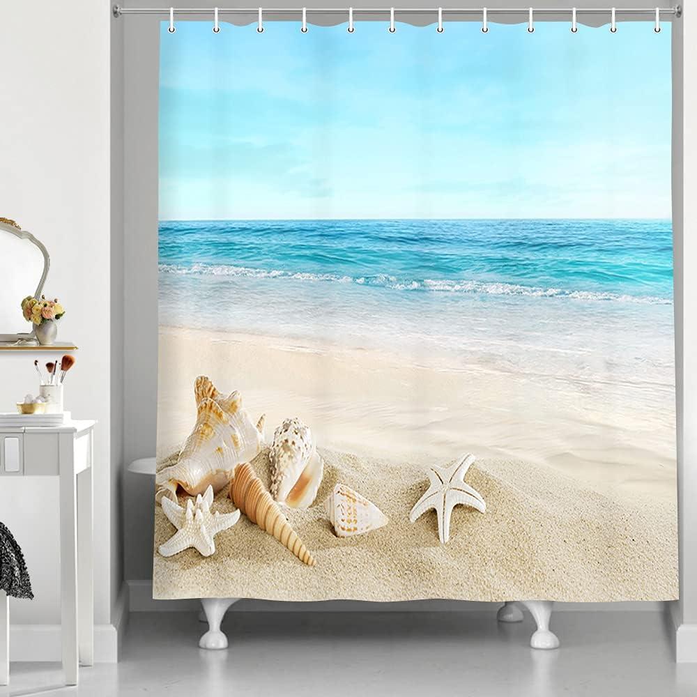 Tropical Sea Waves and Seashell Print Beach Theme Shower Curtain for Bathroom