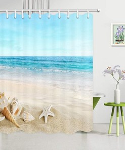 Tropical Sea Waves and Seashell Print Beach Theme Shower Curtain for Bathroom