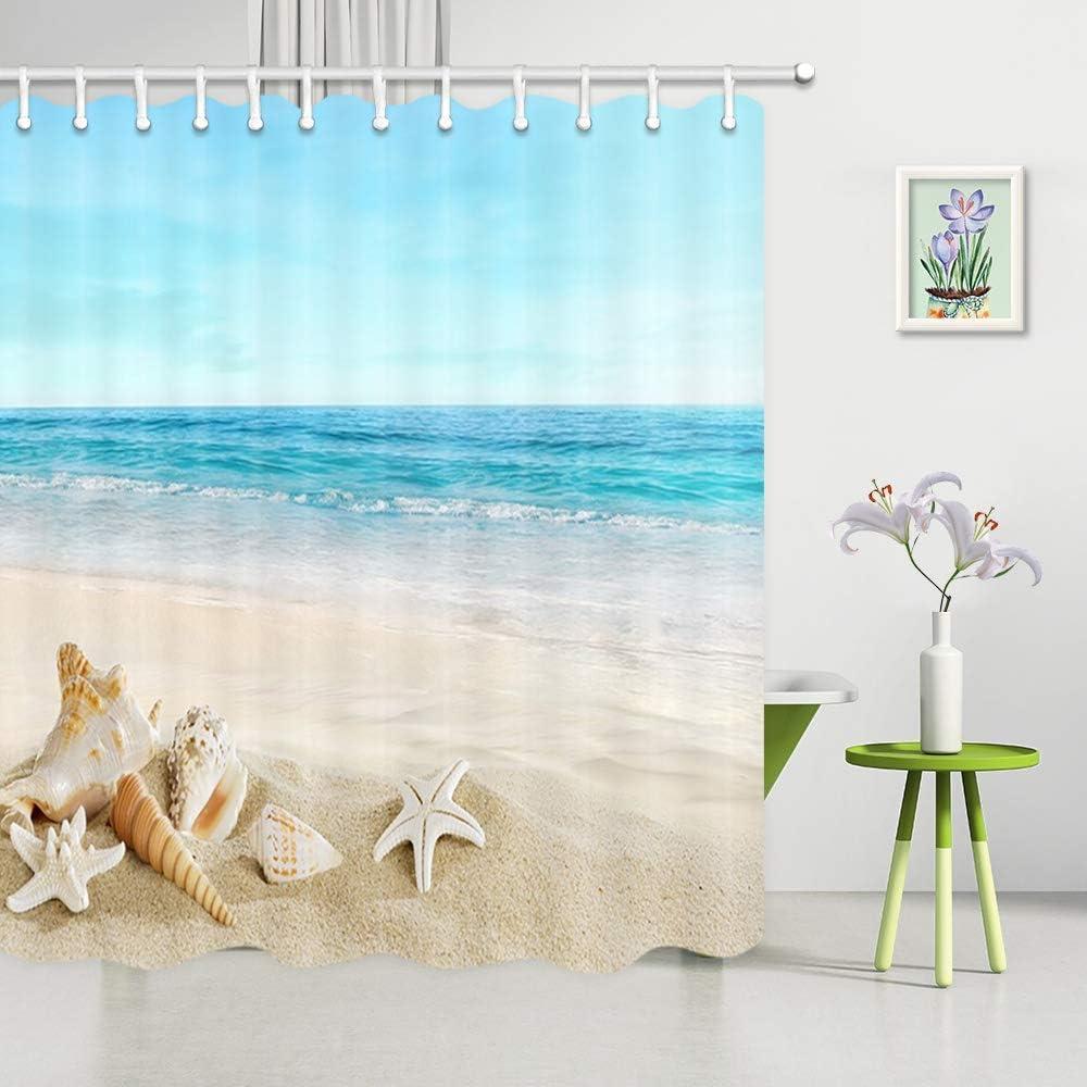 Tropical Sea Waves and Seashell Print Beach Theme Shower Curtain for Bathroom