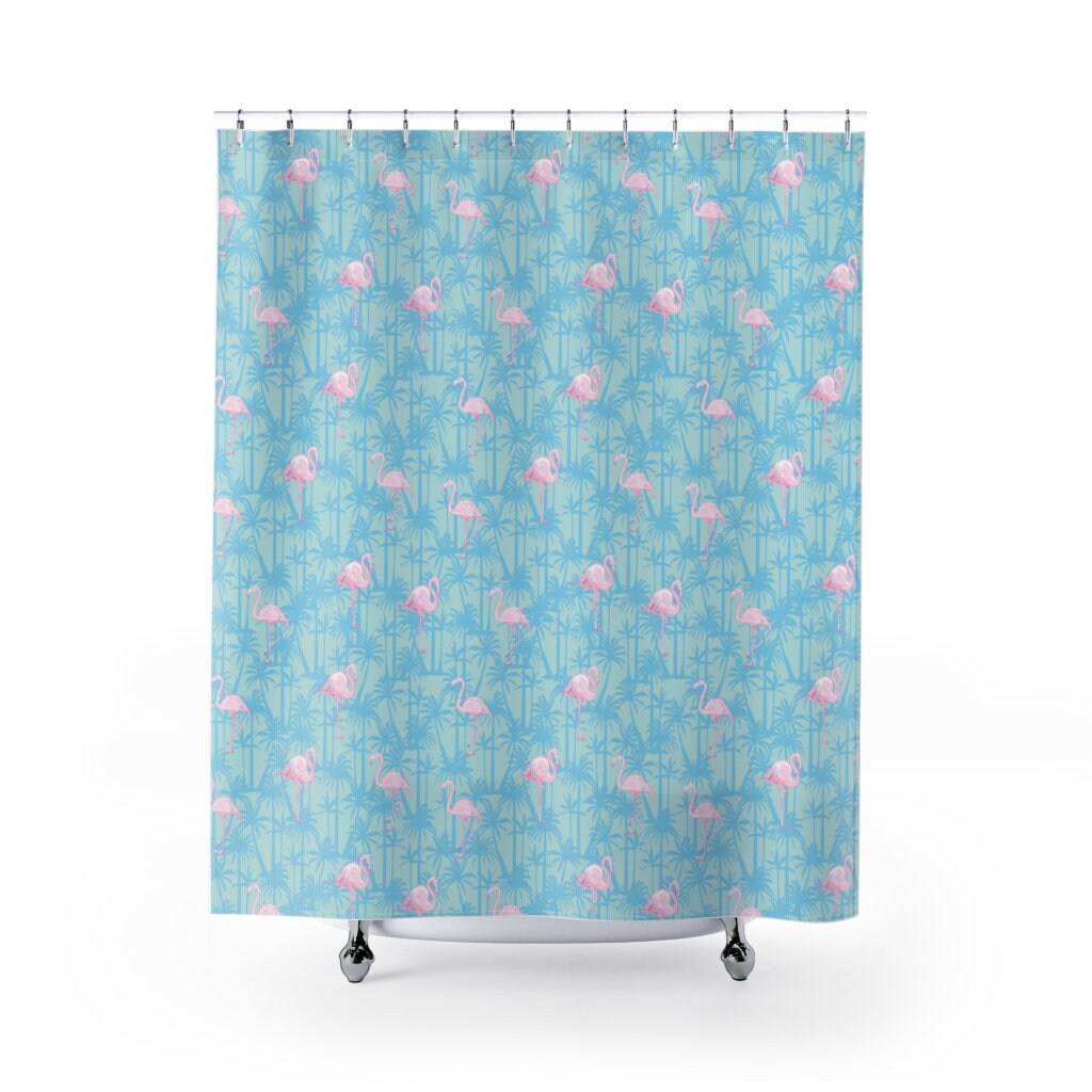 Tropical Shower Curtain With Flamingos And Palm Trees, Perfect Bathroom Decor For A Relaxing Oasis