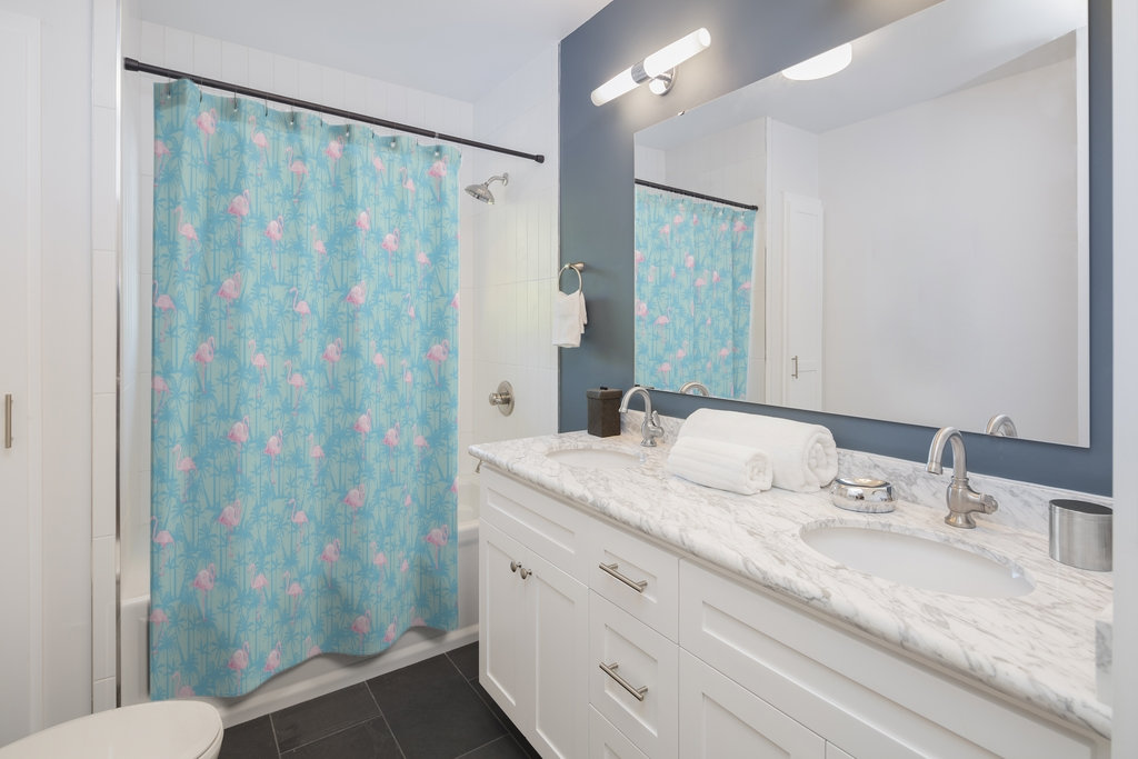 Tropical Shower Curtain With Flamingos And Palm Trees, Perfect Bathroom Decor For A Relaxing Oasis