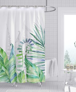 Tropical Shower Curtain with Palm Leaf Design, Botanical Leaves Pattern, and Highly Durable Fabric Material