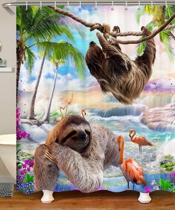 Tropical Sloth Flamingo Shower Curtain, Bring a Summer Vibe to Your Bathroom