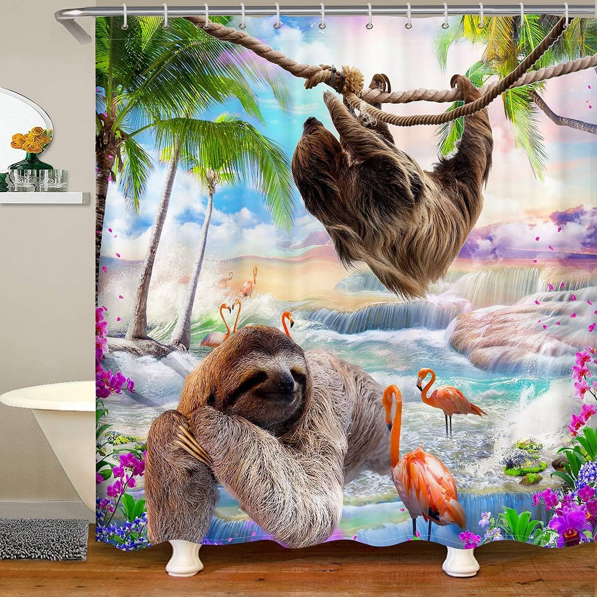 Tropical Sloth Flamingo Shower Curtain, Bring a Summer Vibe to Your Bathroom