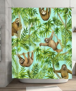 Tropical Sloths Shower Curtain Palm Tree Summer Theme, Brown Green Fabric Waterproof Household Bathtub Curtain 