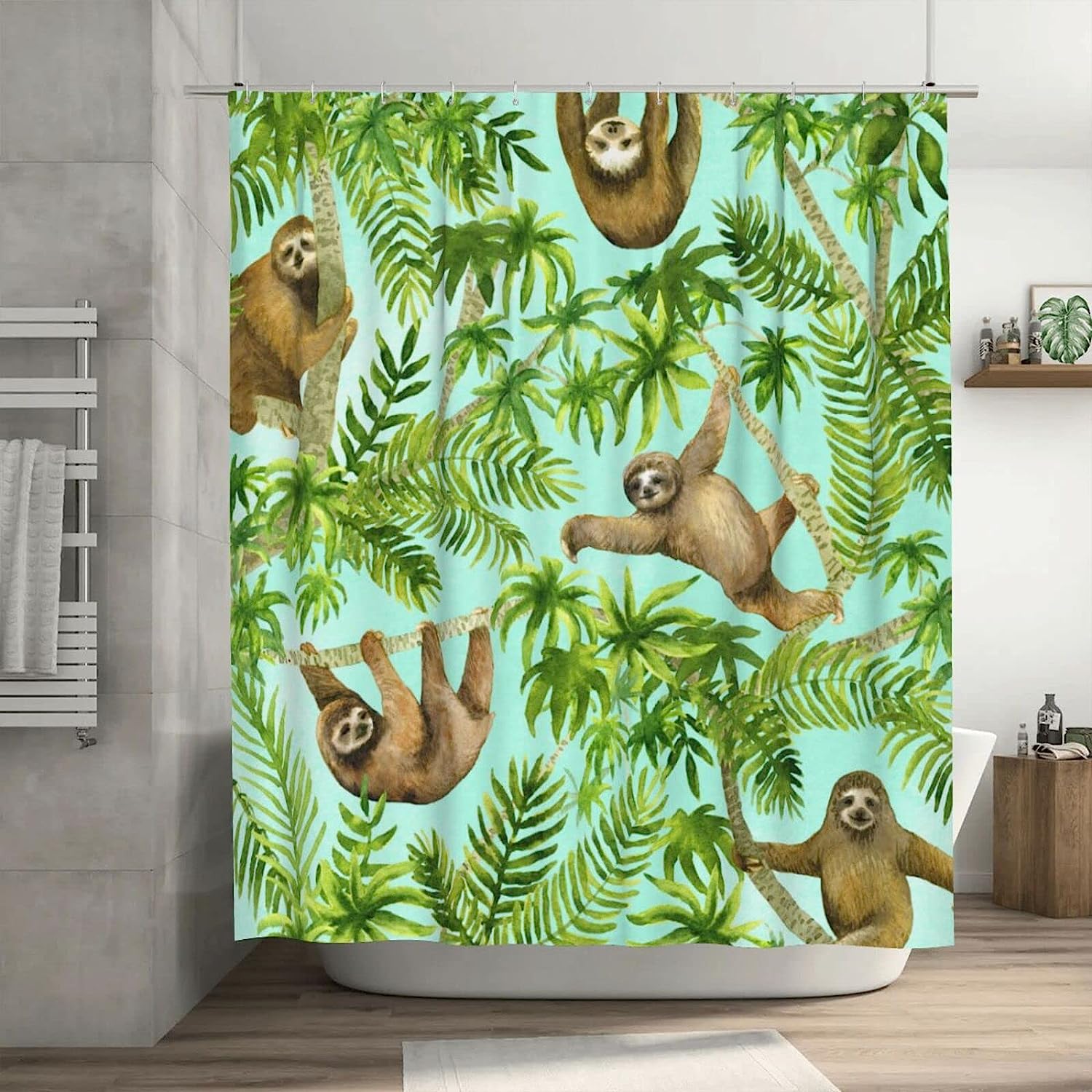 Tropical Sloths Shower Curtain Palm Tree Summer Theme, Brown Green Fabric Waterproof Household Bathtub Curtain