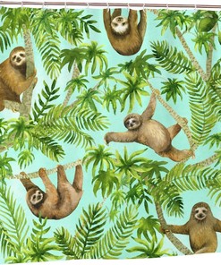 Tropical Sloths Shower Curtain Palm Tree Summer Theme, Brown Green Fabric Waterproof Household Bathtub Curtain