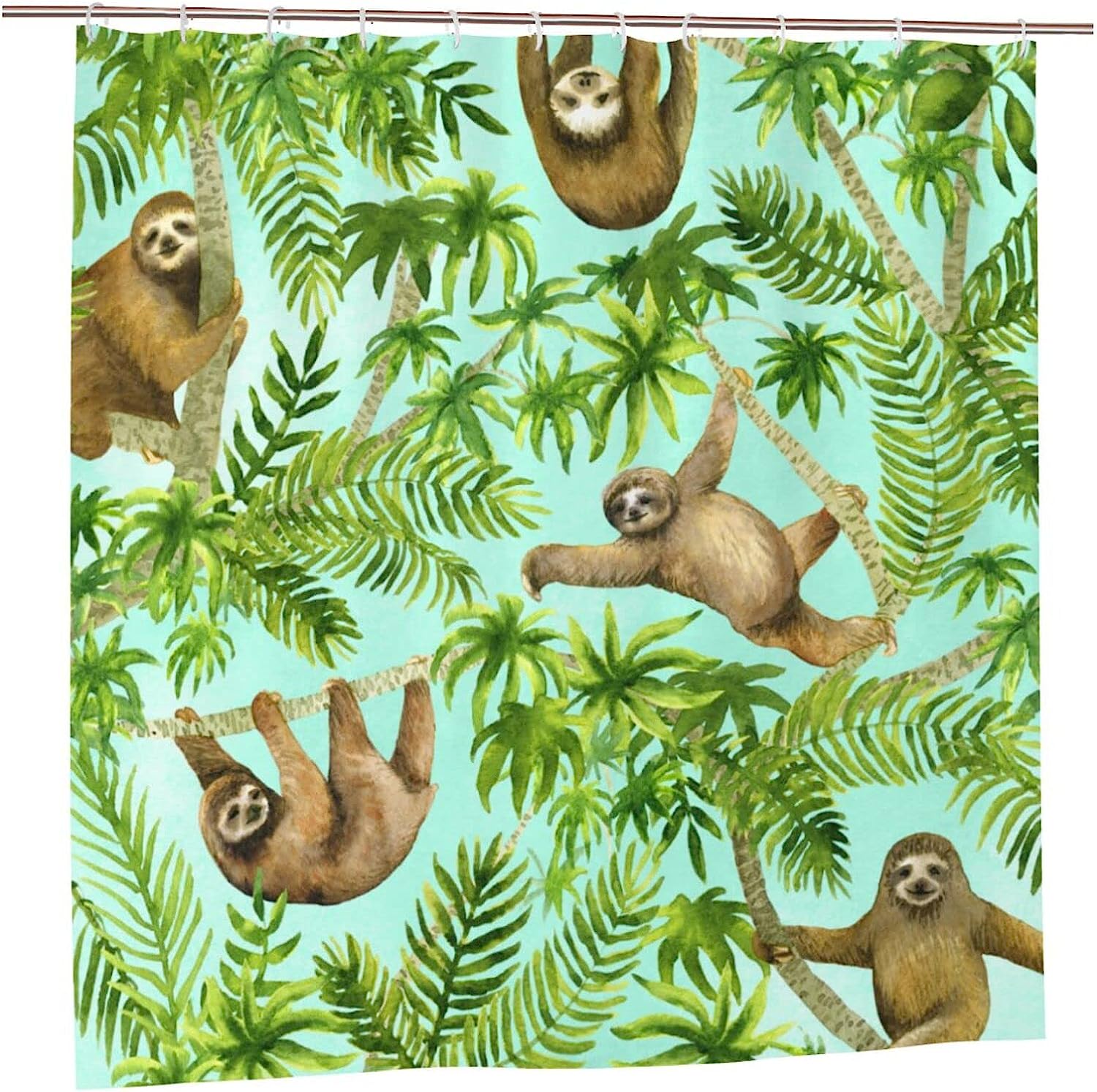 Tropical Sloths Shower Curtain Palm Tree Summer Theme, Brown Green Fabric Waterproof Household Bathtub Curtain
