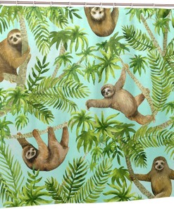 Tropical Sloths Shower Curtain Palm Tree Summer Theme, Brown Green Fabric Waterproof Household Bathtub Curtain