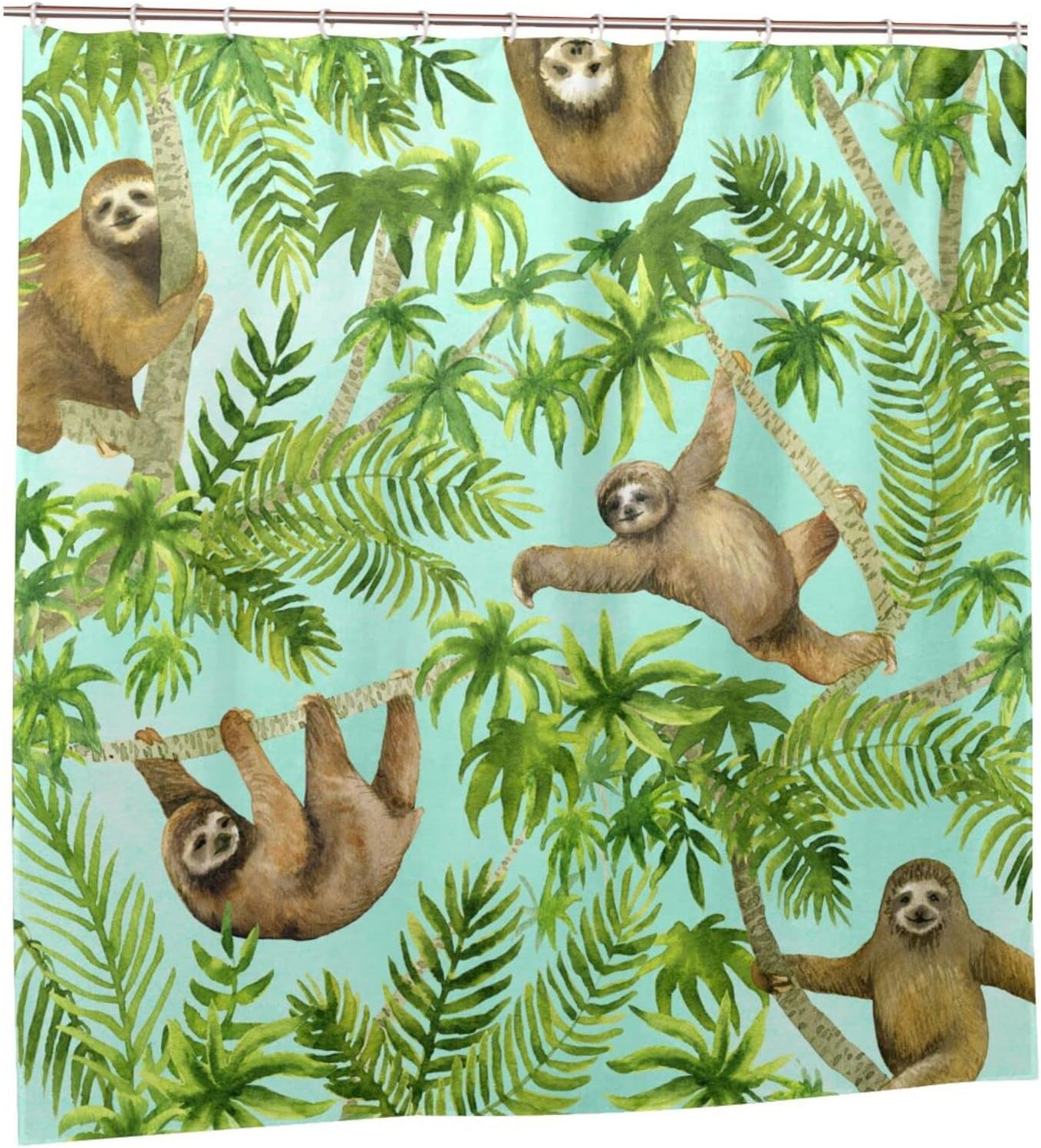 Tropical Sloths Shower Curtain Palm Tree Summer Theme, Brown Green Fabric Waterproof Household Bathtub Curtain