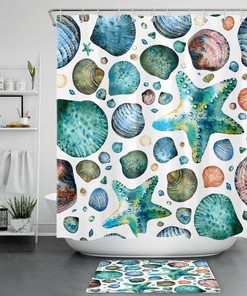 Tropical Starfish Seashell Marine Life Print Shower Curtain, Ideal for a Nautical-Themed Bathroom