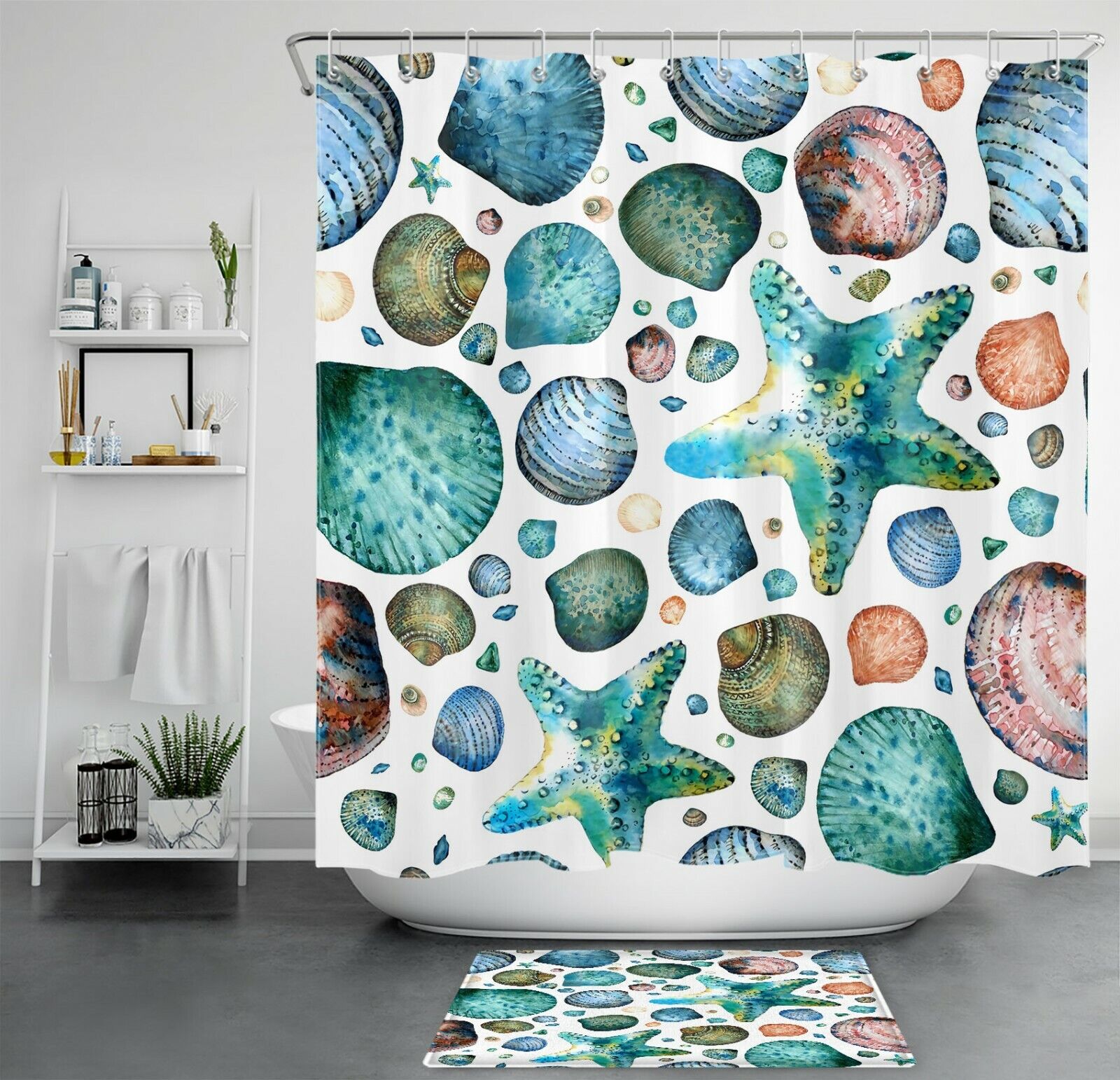 Tropical Starfish Seashell Marine Life Print Shower Curtain, Ideal for a Nautical-Themed Bathroom