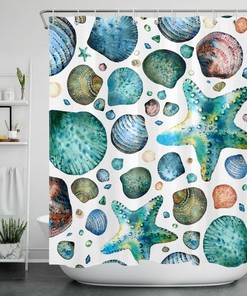 Tropical Starfish Seashell Marine Life Print Shower Curtain, Ideal for a Nautical-Themed Bathroom
