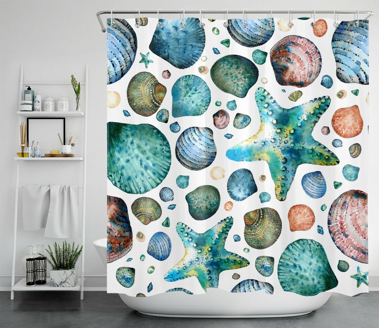 Tropical Starfish Seashell Marine Life Print Shower Curtain, Ideal for a Nautical-Themed Bathroom