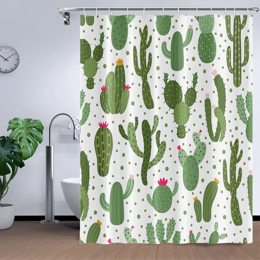Tropical Succulent Green Plant Watercolor Shower Curtain with Funny Quotes and Cactus Design for Bathroom Decor
