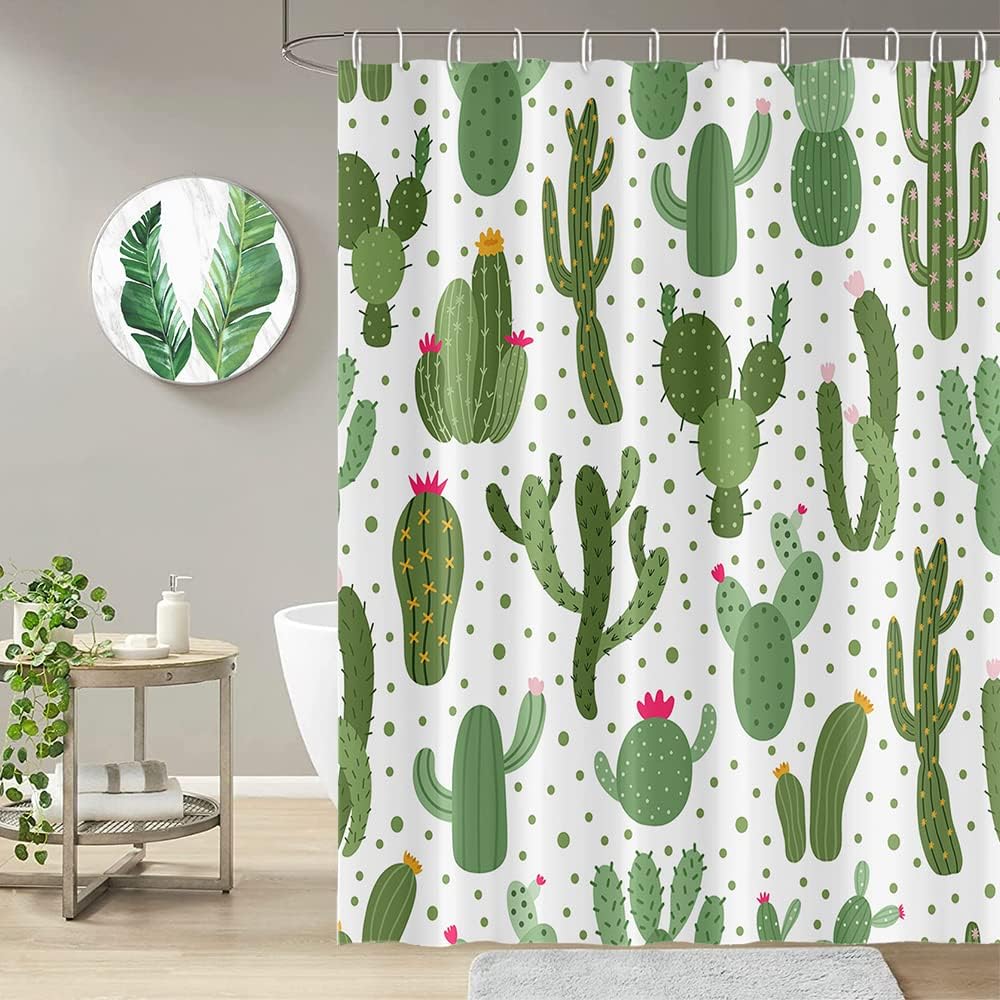 Tropical Succulent Green Plant Watercolor Shower Curtain with Funny Quotes and Cactus Design for Bathroom Decor