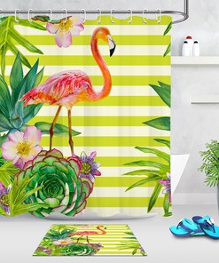 Tropical Succulents Flamingos Waterproof Fabric Shower Curtain