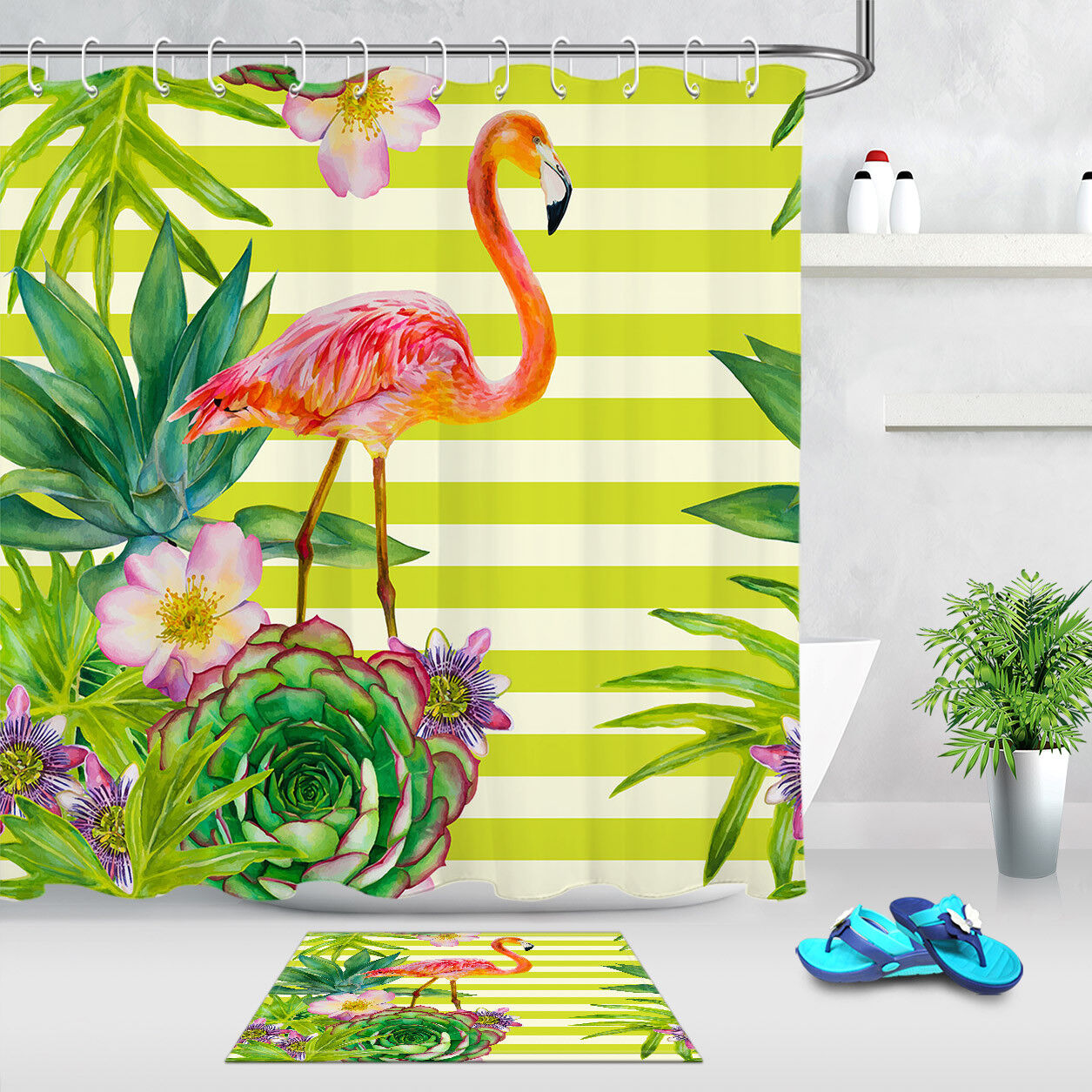 Tropical Succulents Flamingos Waterproof Fabric Shower Curtain