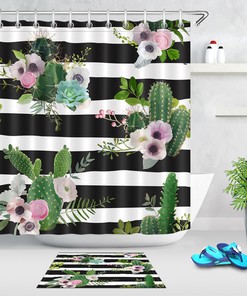 Tropical Summer Flowers And Cactus Shower Set With Waterproof Fabric Mat For Your Bathroom