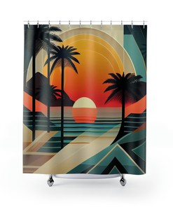 Tropical Sunrise Bliss Shower Curtain, Geometric Art Deco Design, Perfect Beach Bathroom Decor 