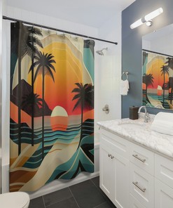 Tropical Sunrise Bliss Shower Curtain, Geometric Art Deco Design, Perfect Beach Bathroom Decor
