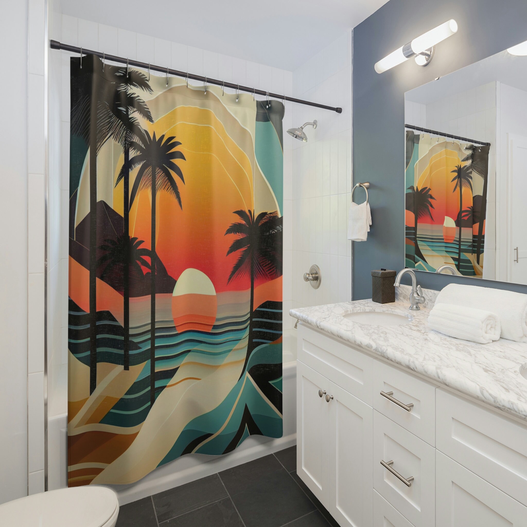 Tropical Sunrise Bliss Shower Curtain, Geometric Art Deco Design, Perfect Beach Bathroom Decor